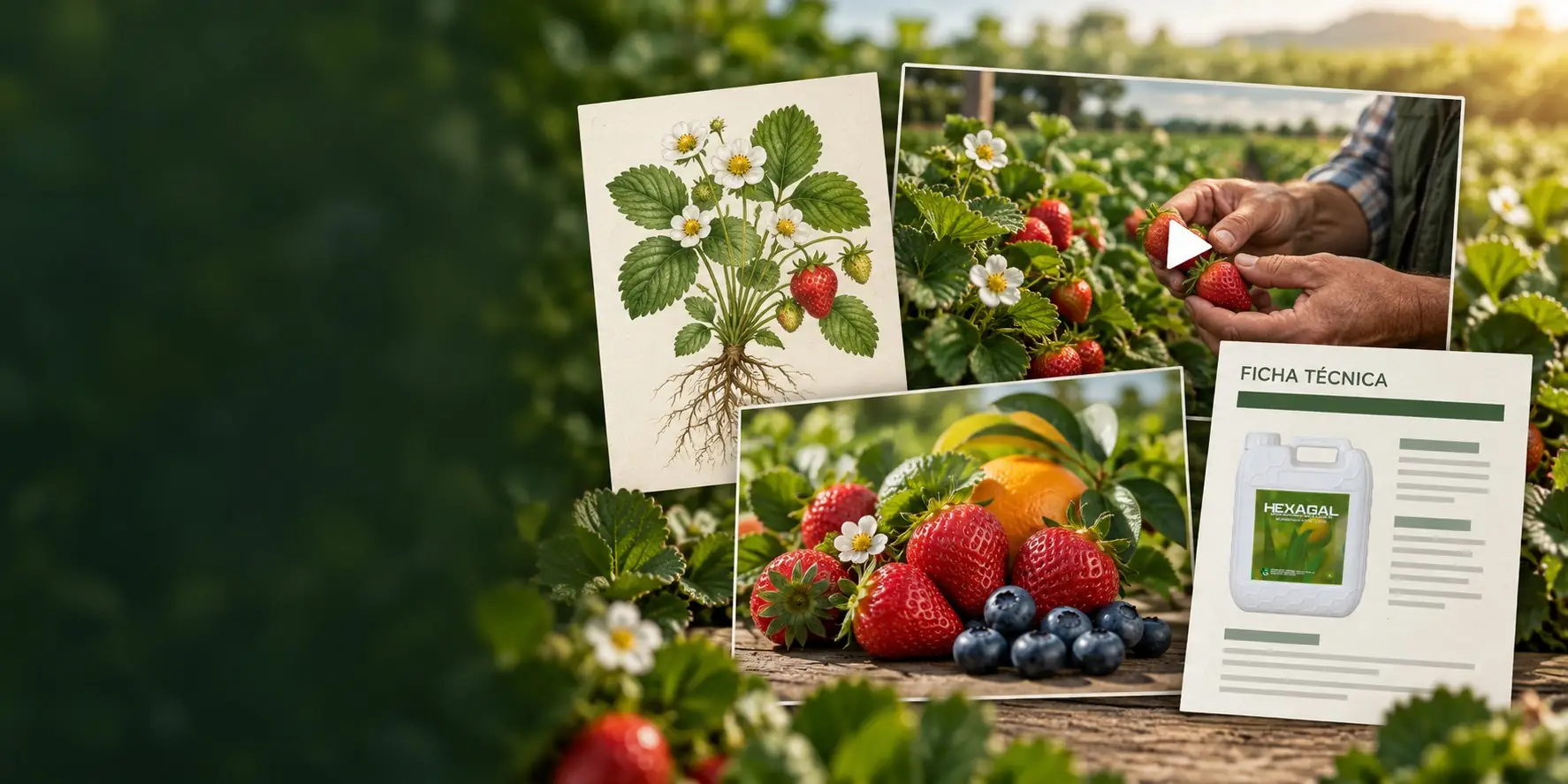 Composición con una lámina botánica de fresa, un vídeo de campo, una foto de fresas y arándanos y una ficha técnica